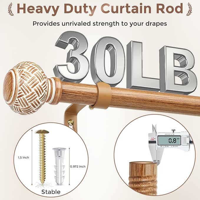 2 Pack Wood Curtain Rods for Windows 28 to 48 Inches, Decorative 1'' Diameter Heavy Duty Adjustable Rustic Farmhouse Drapery Pole with Boho Imitation Wooden Grain Finials, Size: 30''-60'', Brown