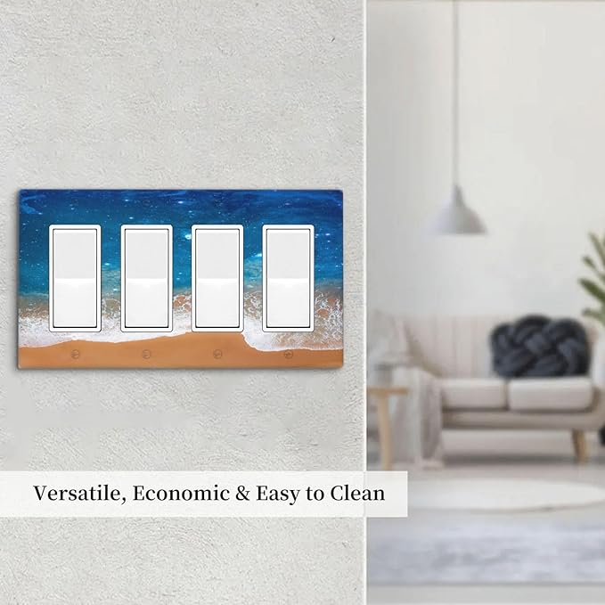 Blue Sea Ocean Beach Waves 4 Gang Wall Plates Outlet Covers Quad Rocker Light Switch Cover Plate Decorative Switch Plates GFCI Electrical Faceplate for Bathroom Bedroom Decor 4.5 X 8 IN