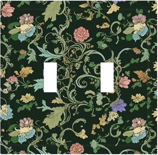 Decorative Light Switch Cover Plate Vintage Green Leaf Plant Rustic Pink Flower 2 Gang Wall Plate Oversized Double Toggle Two Switch Wall Cover Plate Dual Device Faceplate