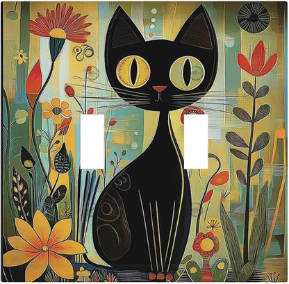 Funny Cat Retro Abstract Flowers Kitten Decorative Switch Plates 2 Gang Double Toggle Outlet Light Switch Cover Wall Plate Electrical Faceplate For Kids Room Bed Room Decor