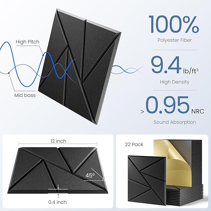 22 Pack Acoustic Panels with Self-Adhesive, 12"X 12"X 0.4"Sound Proof Foam Panels, Sound Panels High Density, Soundproof Wall Panels for Home Studio Office-Black
