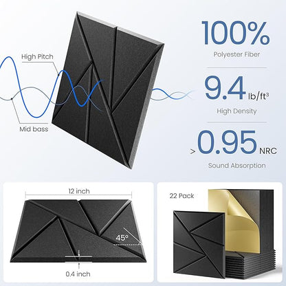 22 Pack Acoustic Panels with Self-Adhesive, 12"X 12"X 0.4"Sound Proof Foam Panels, Sound Panels High Density, Soundproof Wall Panels for Home Studio Office-Black