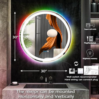 THEKLA 30 Inch Bathroom Led Round Mirror with Lights 3Color + RGB Rainbow Color Changing Backlit Round Lighted Vanity Mirror for Bathroom Wall Dimmable AntiFog 30in Circle Round Smart Light up Mirror
