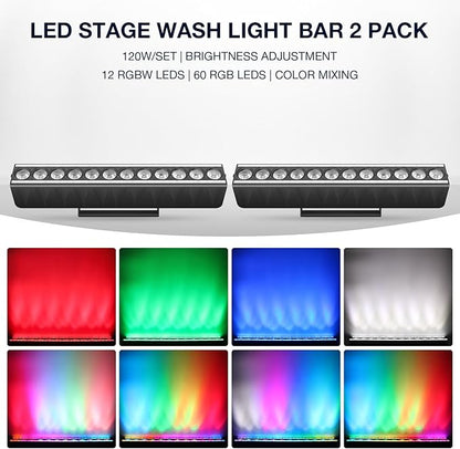 LED Stage Wash Light Bar: Dual-Row Pixel LED Strips Flanked with RGBW Beam - 60W 4IN1 RGBW Color Changing - DMX Control by DJ Party Planner - Uplights for Wedding Christmas Music Show Band - 2 Pack