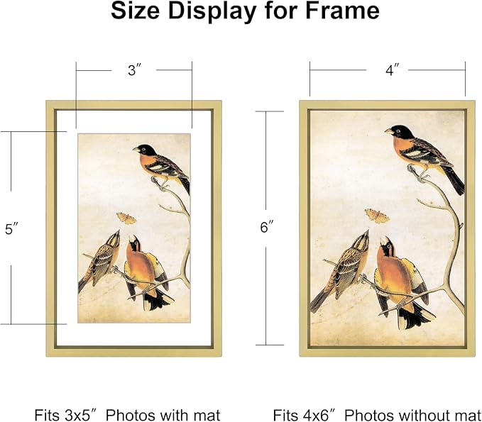 4x6 Picture Frame Set of 3, Brass Metal Photo Frames with HD Glass, Fits 3x5 with Mat or 4x6 without Mat, Wall Hanging and Table Display