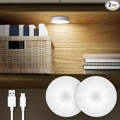 Rechargeable Puck Lights 2 Pack, Dimmable Touch Light Stick on for Closet, Magnetic Tap Light 1000mAh Battery Powered, Portable Led Light Cool White for Locker, Cabinet, Bedside, Kitchen