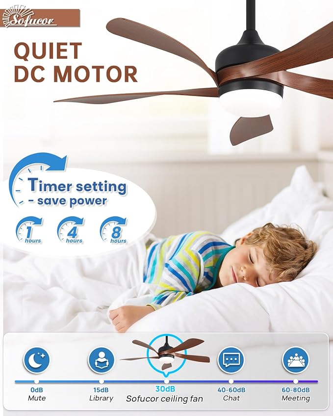 Sofucor 45" Smart Ceiling Fan, Indoor/Outdoor Ceiling Fans with Lights and Remote, Work with Alexa/Google/App, 3-Color Light 6-Speed Timing Reversible DC Motor for Bedroom Living Room Patio