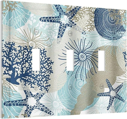 Decorative Light Switch Cover Plate Blue Starfish Brown Coral Ocean 3 Gang Wall Plates for Electrical Outlets Triple Toggle Switch Plate Covers Outlet Covers Faceplate for Girlroom Home Decor