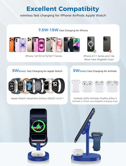 2025 3 in 1 Wireless Charging Station for Apple MagSafe Charger, 15W Fast Magnetic Mag-Safe Charger Stand for iPhone 17 16 15 14 13 12 Apple Watch AirPods with MagSafe Case, Blue