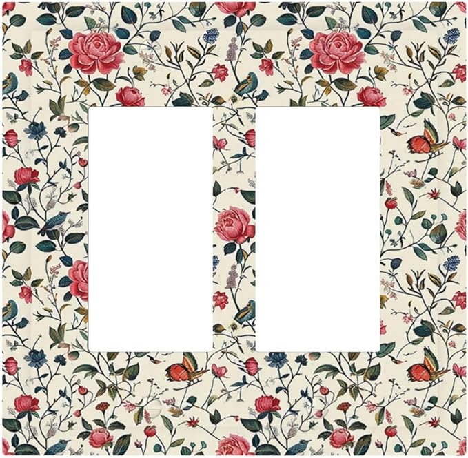 Decorative Outlet Covers Vintage Flowers Rose Leaf Bird Butterfly 2 Gang Double GFCI Rocker Electrical Wall Panels Light Switch Cover Plate for Bedroom living Room Decor