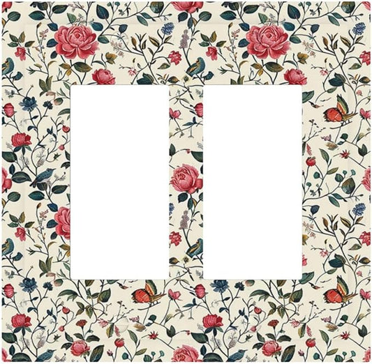 Decorative Outlet Covers Vintage Flowers Rose Leaf Bird Butterfly 2 Gang Double GFCI Rocker Electrical Wall Panels Light Switch Cover Plate for Bedroom living Room Decor