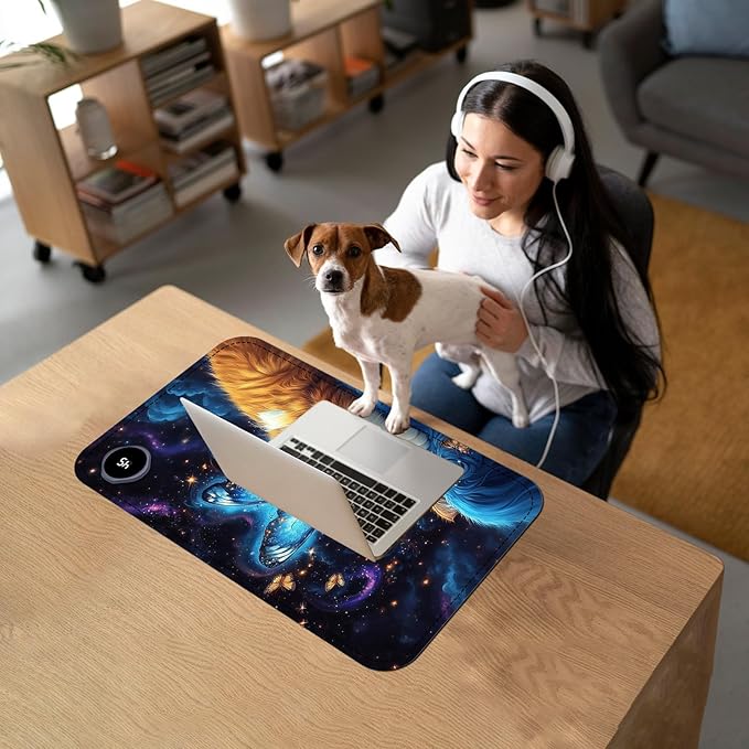 Heated Mouse Pad with 3 Temperature Settings(104°F–122°F),Large 24x14.2 Inch PU Leather Heated Desk Mat,Waterproof Warming Pad for Office,Gaming & Cold Hands Relief,Cat Bule Butterfly