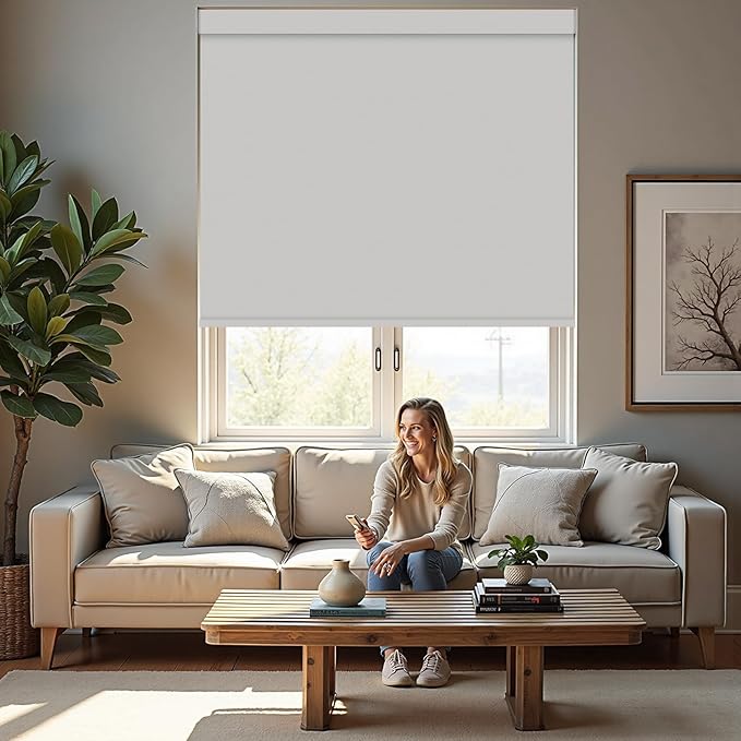 Motorized Roller Blinds with Remote, 100% Blackout Automatic Roller Shades for Bedroom, Bathroom, and Living Room, Customized Size, Warm Beige