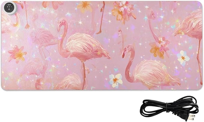 Heated Desk Pad Mouse Pad 31.5x13 Inch PU Leather Desk Mat with 3 Heat Levels Large Mouse Gaming Computer Laptop Mat Pink Gradient Flamingo and Petals
