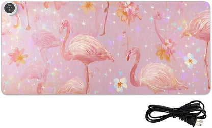 Heated Desk Pad Mouse Pad 31.5x13 Inch PU Leather Desk Mat with 3 Heat Levels Large Mouse Gaming Computer Laptop Mat Pink Gradient Flamingo and Petals