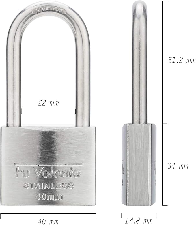 Stainless Steel Pin Tumbler Padlock, 304 Marine Series, Weatherproof Padlock for Outdoor use, 1-1/2 inch Wide Body, Keyed Alike Locks- Stainless Steel Body & Long Shackle-2 Pack