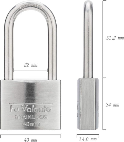 Stainless Steel Pin Tumbler Padlock, 304 Marine Series, Weatherproof Padlock for Outdoor use, 1-1/2 inch Wide Body, Keyed Alike Locks- Stainless Steel Body & Long Shackle-2 Pack
