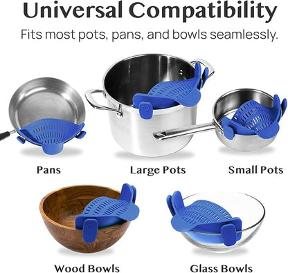 Kitchen Gizmo Snap N' Strain - Silicone Clip-On Strainer for Pots, Pans, and Bowls - Heat-Resistant Kitchen Gadgets, Essential Colander Drainer for Vegetables and Pasta - 7.87x2.76x4.53-Inch (Blue)