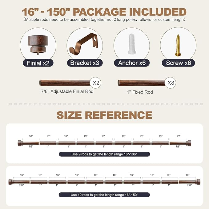 Antique Redwood Grain Curtain Rods for Windows 72 to 144 Inches 1" Diameter Heavy Duty Window Curtain Rod Adjustable with Solid Finials for Living Room Bedroom Kitchen Farmhouse Outdoor