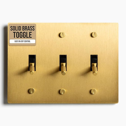 3-Gang Satin Solid Brass Plated Toggle Switch, 15A 120V AC Wall Mount, 3-Way Compatible Vintage Style Single Pole with Faceplate & Switch Module