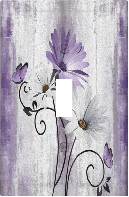 Decorative Light Switch Plate Covers Rustic White Purple Daisy Floral Flower 1 Gang Wall Plate Single Toggle Switch Cover Plate Jumbo Electrical Switchplate Receptacle Faceplate