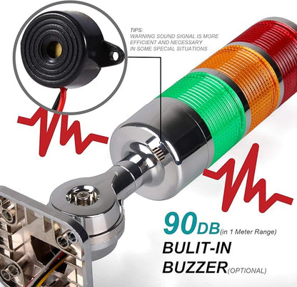 12-24V LED Stack Tower Lights, Industrial Warning Lights, Andon Lights, Column Signal Tower Indicator Lamp Beacon, Continuous/Flashing Light Switchable, 3 Layer (with Buzzer)