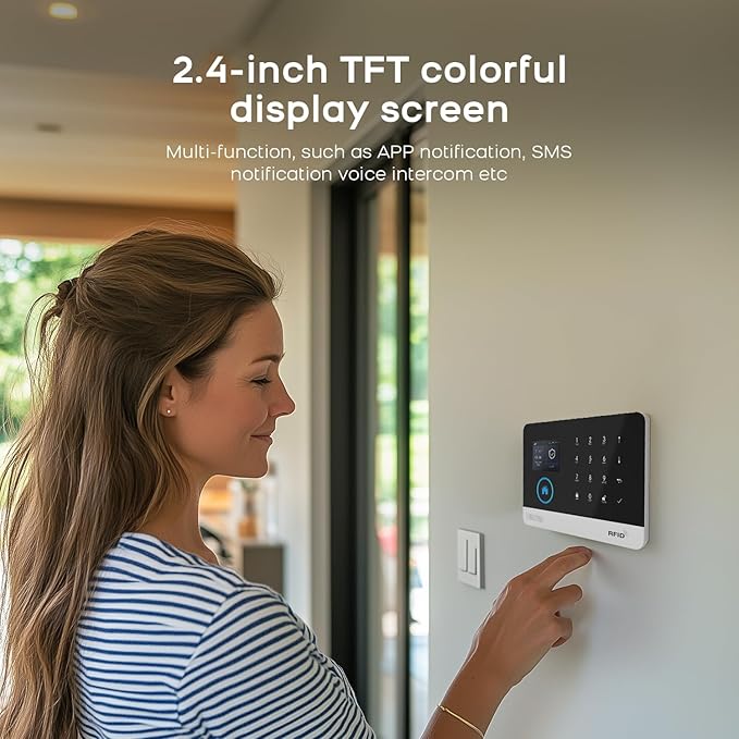 PGST WiFi Home Alarm System,2.4" Colorful Screen Home Security System,8 Pieces Wireless Burglar Door Alarm Kits,Motion Detectors,Siren,4G SMS/Phone Tuya APP Instant Alerts for Home,Villa,Apartment