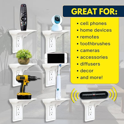 BeraTek Power Perch Wall Outlet Shelf with Cord Storage Strap - Declutter & Reclaim Counter Space - Top Uses: Charging Shelf, Echo Dot Stand, Apple HomePod Mini Wall Mount - White, 1-Pack
