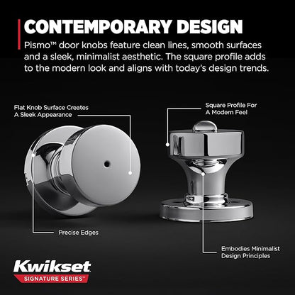 Kwikset Pismo Interior Privacy Door Knob with Lock, Door Handle For Bathroom and Bedroom, Polished Chrome Keyless Turn Lock Doorknob
