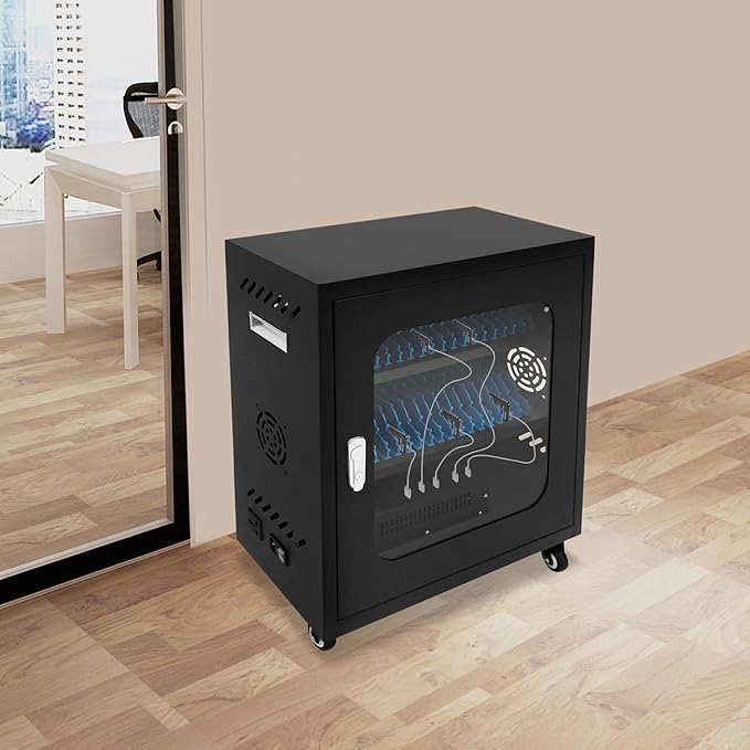 40-Port Mobile Phone Charging Station Cart - Heavy Duty Charging Cabinet for Schools & Offices, 400W Rechargeable Cellphone Locker Storage Lockable Tempered Glass Door & Wheels (Black)