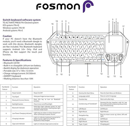 Fosmon Mini Bluetooth Keyboard (QWERTY Keypad), Wireless Portable with Touchpad, Compatible with Apple TV, Amazon Fire Stick, PS4, PS4 Pro, PS5, HTPC/IPTV, VR Glasses, Smartphones