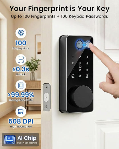 Smart Door Lock, Fingerprint Keyless Entry Deadbolt for Front Door App Control, Electronic Touchscreen Keypad, Auto Locking, IP54 Waterproof, Easy Install Digital Lock