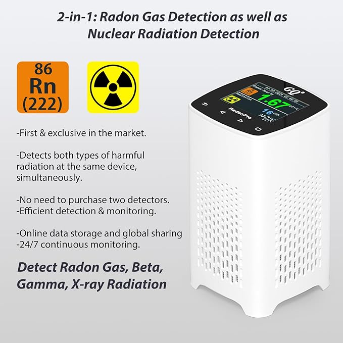 GQ Radon Detector Radon Pro 2-in-1 Radon Monitor Nuclear Radiation Detector Geiger Counter simultaneously Detection Fast Accurate Color Simple Display Made in USA