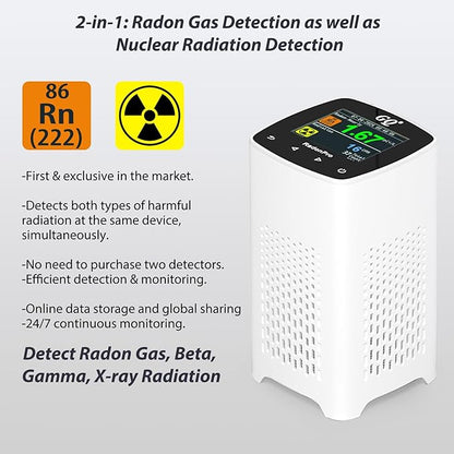 GQ Radon Detector Radon Pro 2-in-1 Radon Monitor Nuclear Radiation Detector Geiger Counter simultaneously Detection Fast Accurate Color Simple Display Made in USA