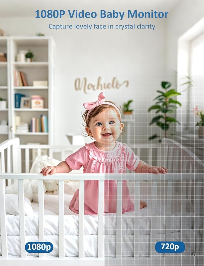 1080P No WiFi Baby Monitor with Camera and Audio, 5'' Screen 32-Hour 5000mAh Battery, 4X Zoom, Night Vision, 2-Way Talk, 8 Lullabies, 1200ft Long Range