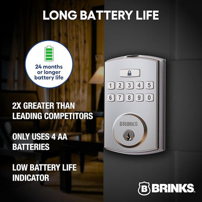 BRINKS Security Door Locks, High-Security Keyless Entry, Smart Electronic Door Lock with Deadbolt, Up to 50 Codes, Automatic Locking (Deadbolt, Satin Nickel)