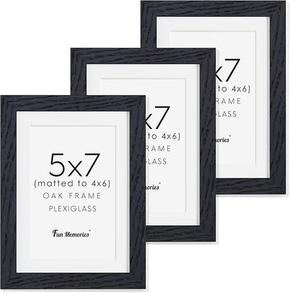 5x7 Picture Frame, Solid Oak Wood 5 x 7 Frame with Plexiglass, 5 by 7 Photo Frame for Wall & Tabletop Display, 5x7 Picture Frame Matted to 4x6, Black Color, 3 Pack