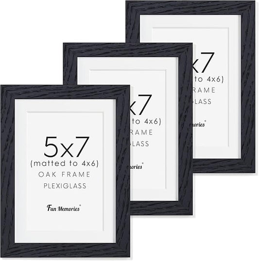 5x7 Picture Frame, Solid Oak Wood 5 x 7 Frame with Plexiglass, 5 by 7 Photo Frame for Wall & Tabletop Display, 5x7 Picture Frame Matted to 4x6, Black Color, 3 Pack