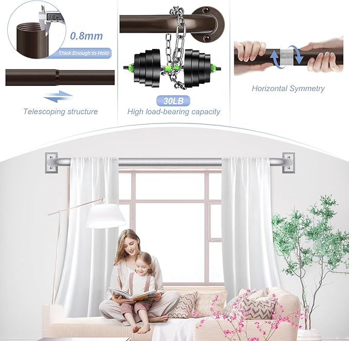 Bronze Wrap Around Curtain Rods 66 to 120 Inch:Blackout Heavy duty Adjustable Window Curtain Rod for Bedroom,Industrial Darkening Curved French Metal Single Drapery Rods Set Easy Install,Brown