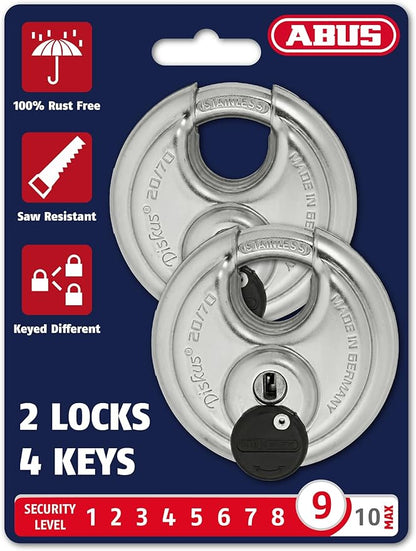 ABUS - Diskus 20/70 Padlock with Key - 2 Pack (2.75") 70mm - Heavy Duty Stainless Steel - Cut, Rust & Drill Resistant - Storage & Outdoor - Pad Lock with 2 Keys (Keyed Different) - Locker Lock