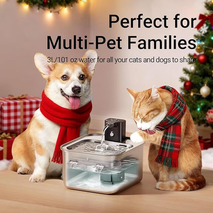 DownyPaws Cat Water Fountain Stainless Steel Wireless, 101 oz/3L FurSink Cordless Water Fountain for Cats, Battery Operated Cat Fountains for Drinking with Motion Sensor, Easy Clean, Metal & 6 Filters