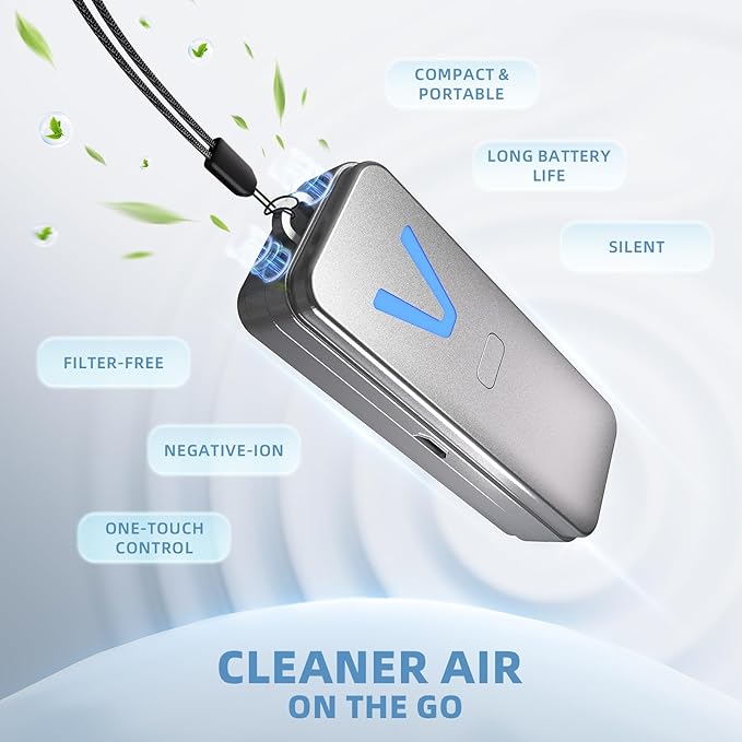 Air Purifier – F2V Portable Personal Wearable Mini Negative Ion Air Ionizer, USB Rechargeable, Filter-Free & Quiet, Ideal for Travel, Commute, Home & Office, Gray or White