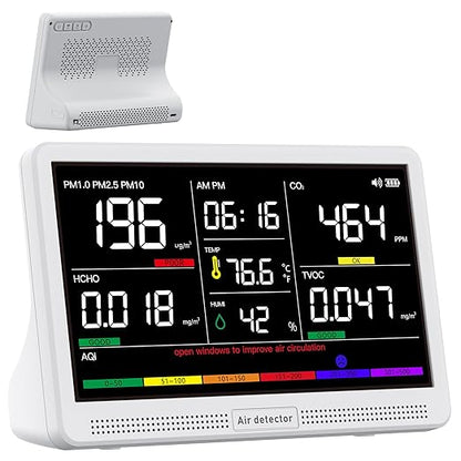 bonoch Upgrade Extended 12-Hour Battery Life 16 in 1 Air Quality Monitor Indoor with 7" Display, Professional Air Quality Meter for CO2, TVOC, PM2.5, PM1.0, PM10, HCHO, Temperature Humidity AQI & Time