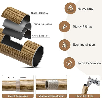 Weathered Wood Grain Curtain Rods for Windows 72 to 144 Inches 1" Diameter Boho Decorative Heavy Duty Window Curtain Rod Adjustable with Solid Finials for Living Room Bedroom Kitchen Farmhouse Outdoor