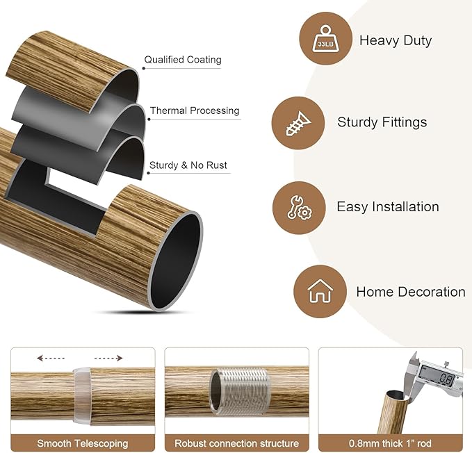 2 Pack Weathered Wood Grain Curtain Rods for Windows 66 to 120 Inches 1" Diameter Heavy Duty Window Curtain Rod Adjustable with Solid Finials for Living Room Bedroom Kitchen Farmhouse Outdoor