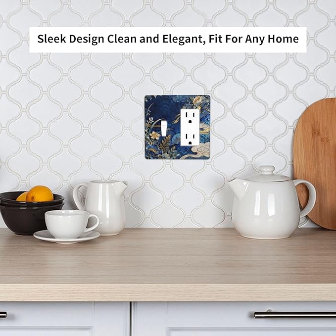Decorative Outlet Covers Blue White Flower Gold Line Cloud 2 Gang Light Switch Cover Plate Single Toggle 1 Rocker Wall Plates for Electrical Outlets Switch Plate Covers for Home Decor