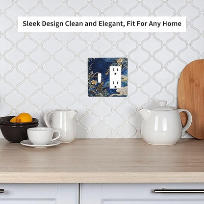 Decorative Outlet Covers Blue White Flower Gold Line Cloud 2 Gang Light Switch Cover Plate Single Toggle 1 Rocker Wall Plates for Electrical Outlets Switch Plate Covers for Home Decor
