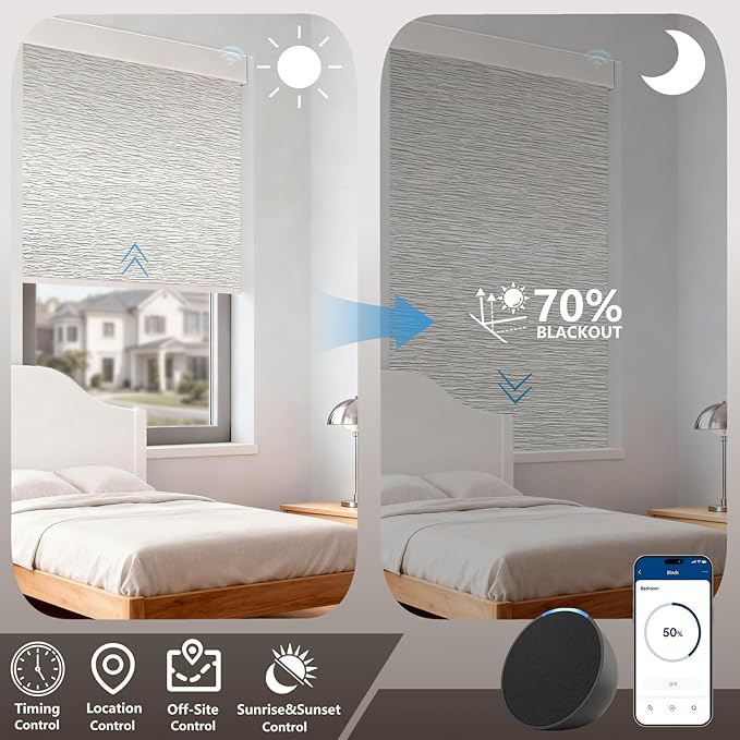 Smart Motorized Blinds – 70% Blackout Roller Shades with Remote, Alexa/Google Home/Siri Control, Matter Compatible, Wireless Rechargeable Battery, Custom Sizes for Windows & Sliding Doors