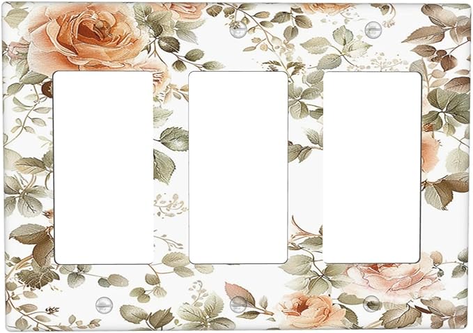 Light Switch Covers Vintage Warm Color Orange Flowers And Leaves 3 Gang Rocker Electrical GFCI Decorative Triple Outlet Wall Plate Cover Switchplate for Bedroom living Room Decor