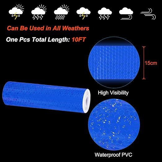 PATIKIL 6 Inch x 10 ft Reflective Tape, 1 Roll Waterproof Self Adhesive High Visibility Caution Warning Safety Tape Reflector with Scraper for Trucks Trailers Cars, Blue